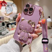 สำหรับ Iphone 11 Pro Max Iphone 12 Pro Max Iphone 13 Pro Max Iphone 14 Pro Max Iphone 15 Pro Max Iphone 15 Plus Hello Kitty การ์ตูนน่ารักเคสมือจับสำหรับโทรศัพท์มือถือกระจกแต่งหน้าซิลิโคน Electroplated ป้องกันการตกฝาหลังพร้อมสายคล้องแบบคาดตัว