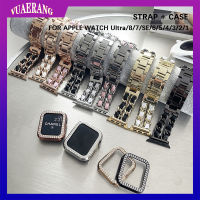 สายหนังสเตนเลส VUAERANG ใช้ได้กับนาฬิกา Apple สายนาฬิกาโลหะขนาด49มม. + เคสสำหรับ I Watch Series 8/7 /Se/ 6/5/4/3/2/1เคสประดับเพชรและสายรัดข้อมือสำหรับ I Watch 45มม. 41มม. 44มม. 40มม. 42มม. 38มม.