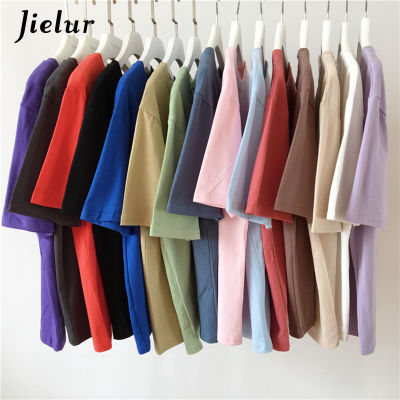 Jielur Tee เสื้อสีทึบ Basic T เสื้อผู้หญิงลำลอง O-Neck Harajuku ฤดูร้อนเกาหลี Hipster สีขาว Tshirt S-XL