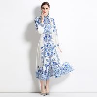 Women New Dress Real Shot  Flower Print  Maxi Dress Long Sleeve A- Line DRESS