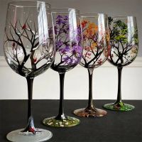 【CW】✜■  New Four Seasons Trees Wine Glasses Printed Legged Glass Cup Beer Cocktail Large Capacity Set