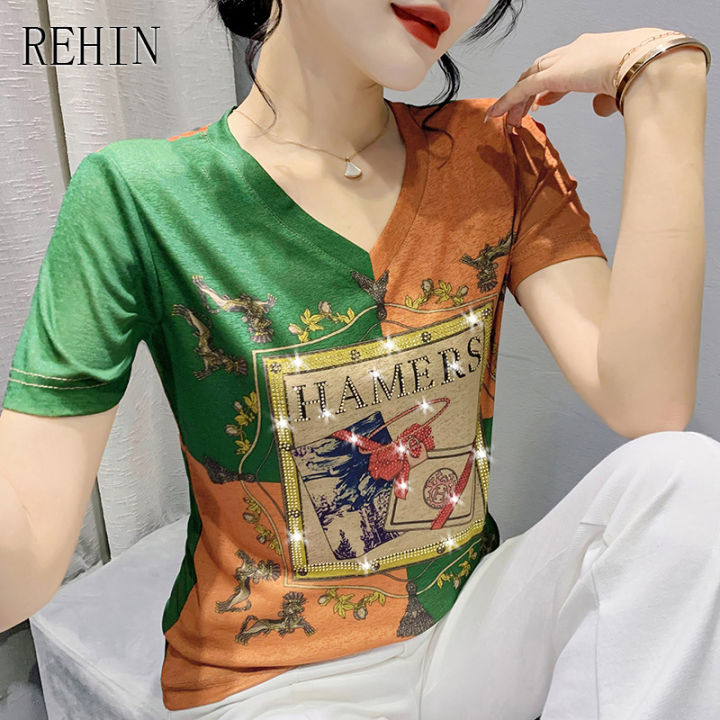 rehin-ผู้หญิงฤดูร้อนใหม่แฟชั่น-v-คอด้วยเพชรพิมพ์เสื้อยืดแขนสั้น-collision-สีจับคู่เสื้อ