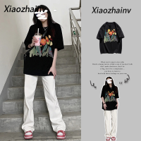 Xiaozhainv เสื้อยืดแขนแขนสั้นคอกลมสำหรับผู้หญิงขนาดใหญ่กว่าเกาหลี