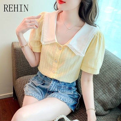 REHIN เสื้อสไตล์เกาหลีแบบใหม่แขนสั้นผู้หญิง,เสื้อคอปกตุ๊กตาแฟชั่นแขนพองหลวมบางดีไซน์เฉพาะฤดูร้อน