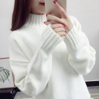 【ready stock】Half high neck white sweater womens pullover loose student bottoming top