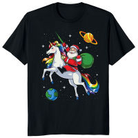 Santa Riding Horse การ์ตูน T เสื้อผู้ชายคริสต์มาส Rainbow Space Xmas พิมพ์เสื้อยืดผู้หญิงของขวัญไอเดียคลาสสิก Tops Tees