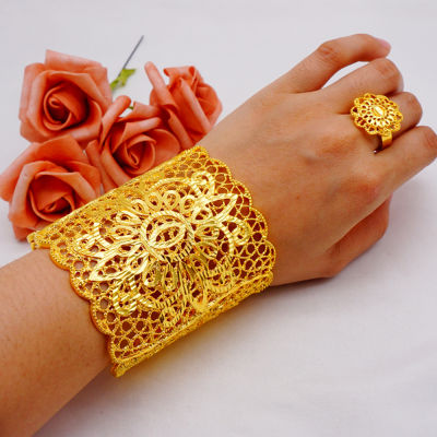 Luxury Dubai Wide Bangle Bridal Ethiopian Gold Color Bracelets Ring For Women India Bride Wedding Bracelet African Arab Jewelry