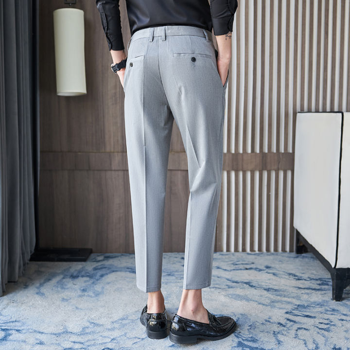 2023ผู้ชายธุรกิจชุดกางเกงสไตล์เกาหลีสลิมฟิตสำนักงานสังคมสูทกางเกงกางเกงลำลอง-streetwear-สีดำสีเทาอ่อน