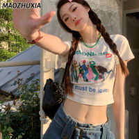 MAOZHUXIA เสื้อยืดจดหมายย้อนยุคแขนลายสั้นผู้หญิง,2023ฤดูร้อนใหม่หวานเย็น Cewek Seksi เสื้อเอวลอย