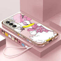 เคสใส่โทรศัพท์สำหรับ Tecno Camon 18 P Camon 19 Neo Camon 20 Camon 20ฟรีสายคล้อง + Daisy Duck ขอบสี่เหลี่ยม Pattern Plated เคสโทรศัพท์เคสโทรศัพท์นิ่ม