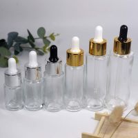 【YF】♗✟  flat shoulder essential oil clear  glass dropper bottle with pipette gold/silver lid 15ml20ml25ml 30ml50ml60ml