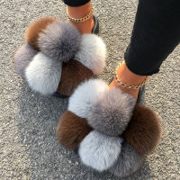 Real Fox Raccoon Fur Slippers Pom Pom Fur Slides Fluffy Flip Flops Plush Fur Ball Slippers Flat Summer Sandals Women House Shoes