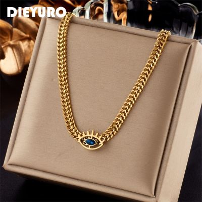 DIEYURO 316L Stainless Steel Eye Shape Blue Zircon Necklace For Women New Vintage Girls Thick Chains Party Jewelry Gifts Bijoux Headbands