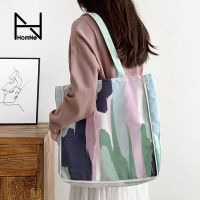 Artistic abstract toning canvas bag womens one-shoulder white-collar Japanese literature and art large-capacity Nordic backpack H 【BYUE】