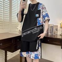 【hot seller】 Personalized printed short-sleeved suit mens summer tide brand ice silk t-shirt with clothes