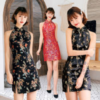 สง่างามบางมินิ qipao เย็บปักถักร้อยที่สวยหรูมังกรฟีนิกซ์ cheongsam พรหมชุดเซ็กซี่แขนกุดสูงแยก cheong. วันพุธที่ดี