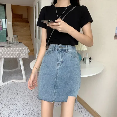 Woman Skirts Temperament Raw Edge Irregular Denim Skirt Female Summer New Style Skirt Korean Style High Waist Slim Short Skirt