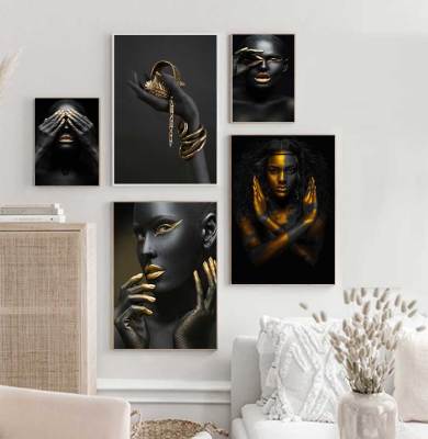ภาพวาดสีน้ำมันแอฟริกันสีดำและสีทองผู้หญิง HD บนผืนผ้าใบ-ศิลปะบนผนังที่สมบูรณ์แบบสำหรับห้องนั่งเล่น-สไตล์สแกนดิเนเวีย-การพิมพ์คุณภาพสูง-การตกแต่งที่หรูหราและทันสมัย