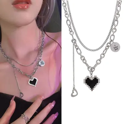 Ins Cold Wind Necklace Double Stacked Necklace Titanium Steel Pendant Pixel Love Pendant Peach Heart Pendant