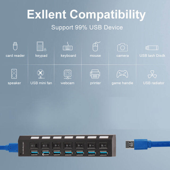 ฮับ-usb-3-0ตัวปลั๊กแอนด์เพลย์ที่แยก-usb-7พอร์ตมีความเสถียร-usb1-1-usb2-0มีอินดิเคเตอร์-led-ขนาดกะทัดรัดสำหรับกล้องสำหรับวินโดวส์เอกซ์พีวิสต้า