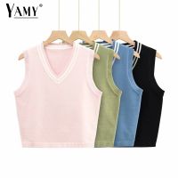 Sexy tank top women vintage sweater vest women knitted vest top cropped sweater vests plaid korean vest pink sweater v neck