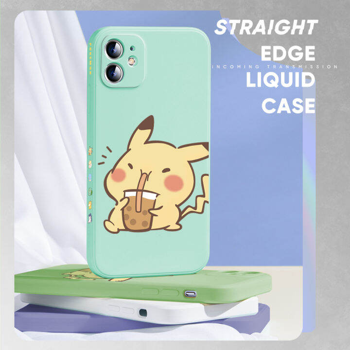 เคส-ggk-สำหรับ-realme-c30s-เคสโทรศัพท์ดีไซน์ด้านข้างการ์ตูน-pikachu-น่ารักขอบสี่เหลี่ยม-pocket-monster-ปลอกซิลิโคนของเหลวเคสกล้องคลุมทั้งหมด