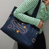 South Style Large-Capacity Denim Big Bag Blue Galaxy Universe Commuter Tote Fashion All-Match Shoulder 【AUG】