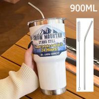 ✷ 900ML Thermos Cup Portable 304 Stainless Steel Coffee Mug Thermal Leak-proof Water Bottle with Straw Insulated Water Bottle