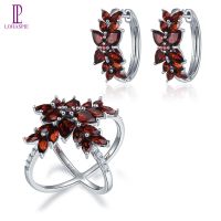 Lohaspie Jewelry real Jewelry Sets Natural Red Garnet Gemstone Cluster Earrings Ring Silver 925 Original Design Red Gemstone Fine Elegant Crystal Jewelry for Women Engagement gift