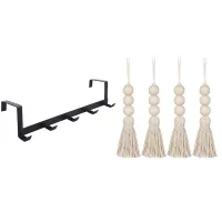 1 Pcs Smart Wide over the Door Rack Wrought Iron Hook Black &amp; 1 Pcs Wood Bead Garlands,Farmhouse Beads Tassels