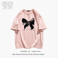 HUANGYOYO เสื้อยืดแขนสั้น100% ผ้าฝ้ายคอกลมโบว์สำหรับผู้หญิงสวยงามไม่เหมือนใคร