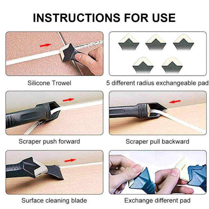 ชุดเครื่องมือกาว3-in-1-เครื่องขูดมุมกระจกพร้อมแผ่นซิลิโคน5แผ่นกำจัดรอยสำหรับห้องครัวห้องน้ำ