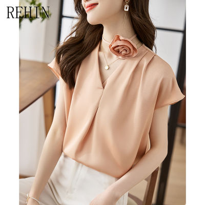 REHIN เสื้อคอวีเสื้อสตรีผ้าซาตินแขนสั้นสำหรับผู้หญิง,เสื้อแฟชั่นสไตล์เกาหลีแบบใหม่อเนกประสงค์เสื้อคอวีแขนสั้นฤดูร้อน