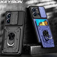 KEYSION Shockproof Armor Case for VIVO Y35 Card Slot Bag Slide Camera Lens Protection Ring Stand Phone Back Cover for VIVO Y35