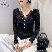 YIMEI 2023เสื้อตาข่ายคอวีลูกไม้แฟชั่นใหม่สำหรับฤดูใบไม้ร่วง/ฤดูหนาวเสื้อยืดสีดำเข้ารูปพอดีและบางเฉียบ