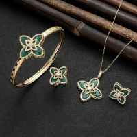 【lz】❅☽☋  Moda elegante inlay zircon planta flor pescoço colares empilhável brinco pulseira anel conjunto de jóias para mulher namorada esposa presente