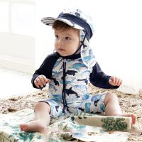 1-7Yrs Kids Baby Swimwear Boy s Jumpsuit Swimsuit Suit Toddler Girl Korean Cartoon Shark Swimsuit+Swimming Cap