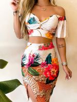 xixibeauty Boho Floral Print Two-piece Set, Vacation Off Shoulder Twist Crop Top &amp; Split High Waist Skirt Outfits, Womens Clothing