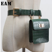 [EAM] Pu Leather Green Mini-bag Split Joint Long Wide Belt Personality Women New Fashion Tide All-match Spring 2022 1Y007