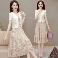 ✵ Two-piece floral chiffon dress summer the new suit big yards long thin temperament a word with short sleeves