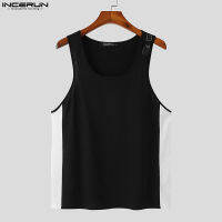 สายนาฬิกาโลหะงานเย็บปะของผู้ชาย Medussa INCERUN เสื้อกั๊กถักสีทึบไร้แขนลำลอง (สไตล์เกาหลี)