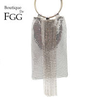 Boutique De FGG Dazzling Silver Crystal Tassel Women Aluminum Evening Purse tail Party Wristlets Clutch Handbag