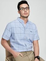 Germusch shirt mens 2023 summer cotton and linen plaid shirt mens thin large size loose short-sleeved top 【SSY】