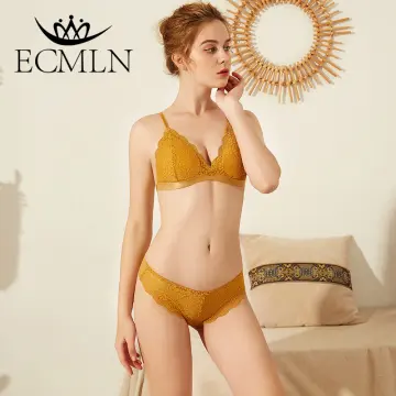 Women Lace Embroidery Underwear Sexy Deep V Push Up Bra and Panty Set  Summer Mustard Color Lingerie Adjustable Strap Brassiere