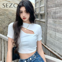 SEZO เสื้อยืดแขนสั้นถักแบบเกาหลีสำหรับผู้หญิง