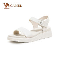 TOP☆Cameljeans Womens Shoes Summer New One-word Strap Flat Sandals Casual Wedge Heel Thick-soled Leather Sandals Women