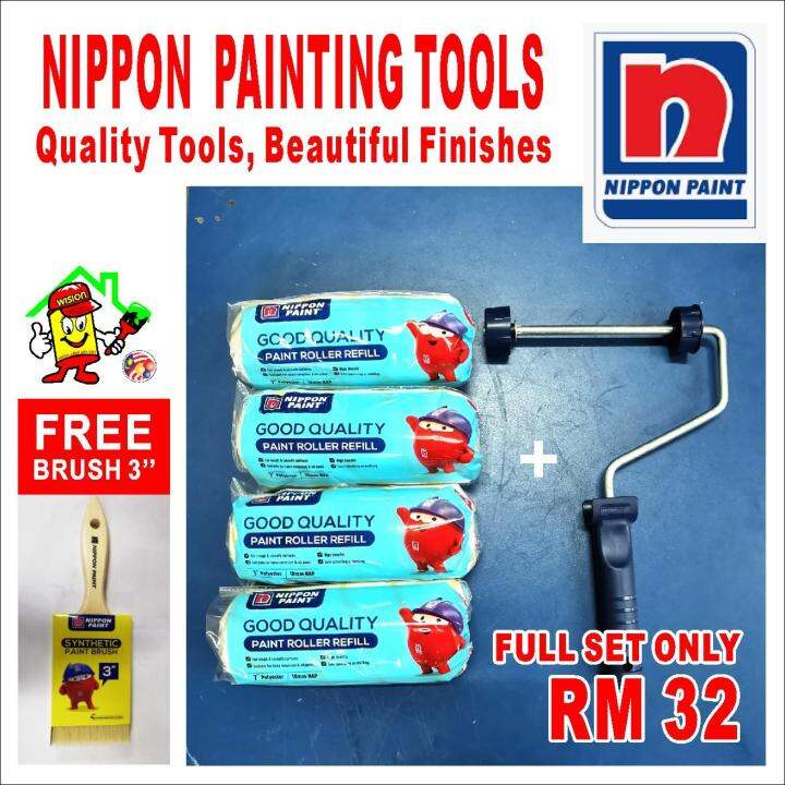 NIPPON PAINT BRAND ( 4 ROLLER REFILL 7 inch + 1 HANDLE PAINTING TOOLS ) ( FREE nippon BRUSH 3