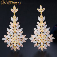 CWWZircons 80mm Luxury Exclusive CZ Leaf Drop Big Statement Long Wedding Earrings 3 Tone Gold Dubai African Brides Jewelry CZ676