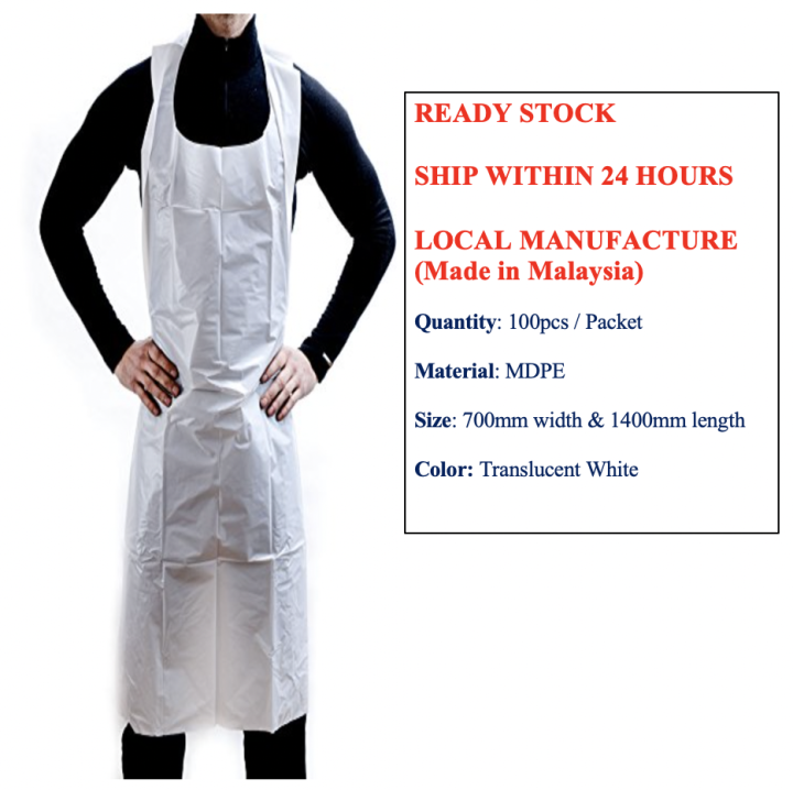 READY STOCK !!!!! PACKET DISPOSABLE PLASTIC APRONS (WHITE) 100PCS  {FRONTLINER PPE}