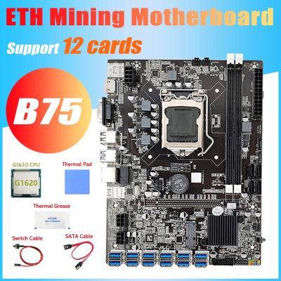 B75 ETH Mining Motherboard 12 PCIE to USB+G1620 CPU+Switch Cable+SATA Cable+Thermal Grease+Thermal Pad B75 Motherboard
